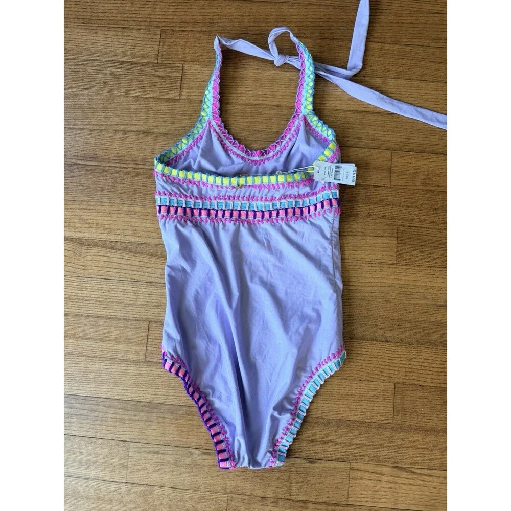 NWT Pilyq PQ 1 Piece Swimsuit Girls 14 Purple Halter Tie Stitched Hem $76 MSRP